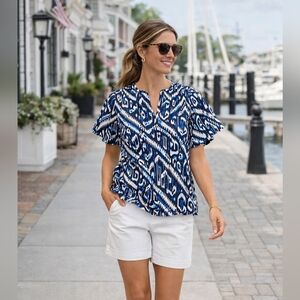 Calessa Blue Ikat Print Blouse L Flutter Sleeve Split Neck NWT
